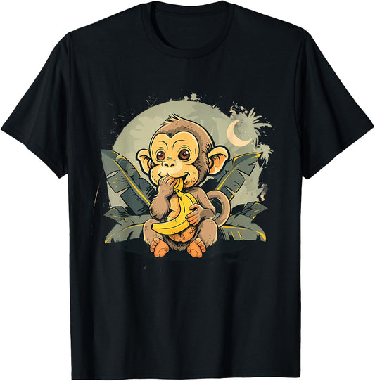 Banana Monkey Bananas Fruit Nature Cute Monkey Artwork T-Shirt - T-Shirt | Black