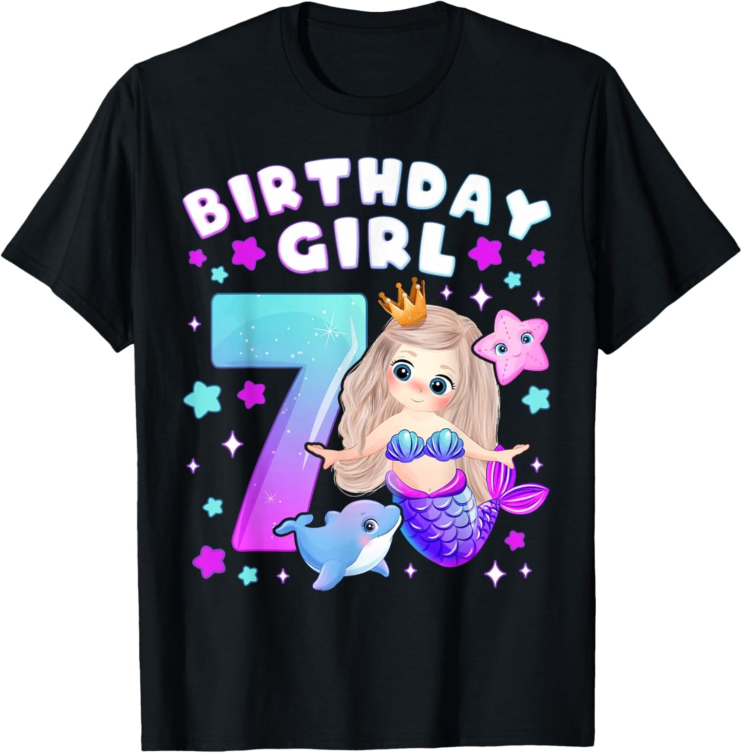 7th Birthday Girl 7 Years Mermaid Number 7 T-Shirt - T-Shirt | Black