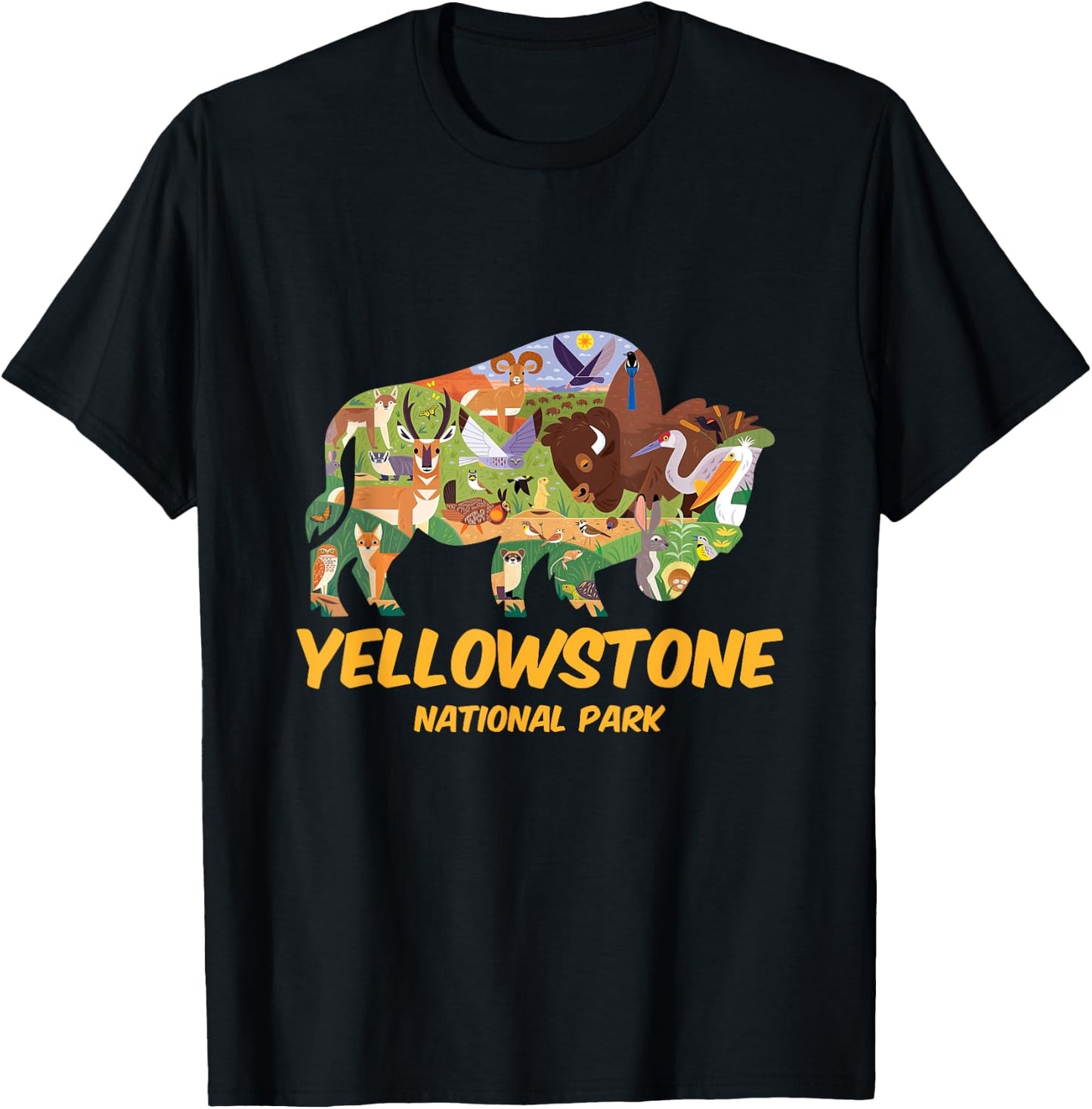 Yellowstone Animals Inside Bison Buffalo Silhouette Cartoon T-Shirt - T-Shirt | Black