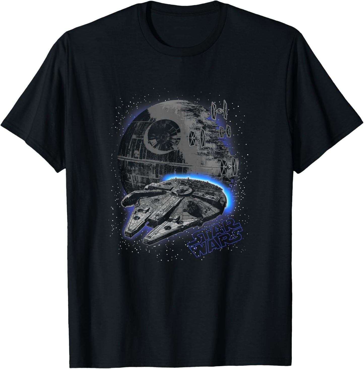 Star Wars Classic Millennium Falcon Flying Over Death Star T-Shirt - T-Shirt | Black
