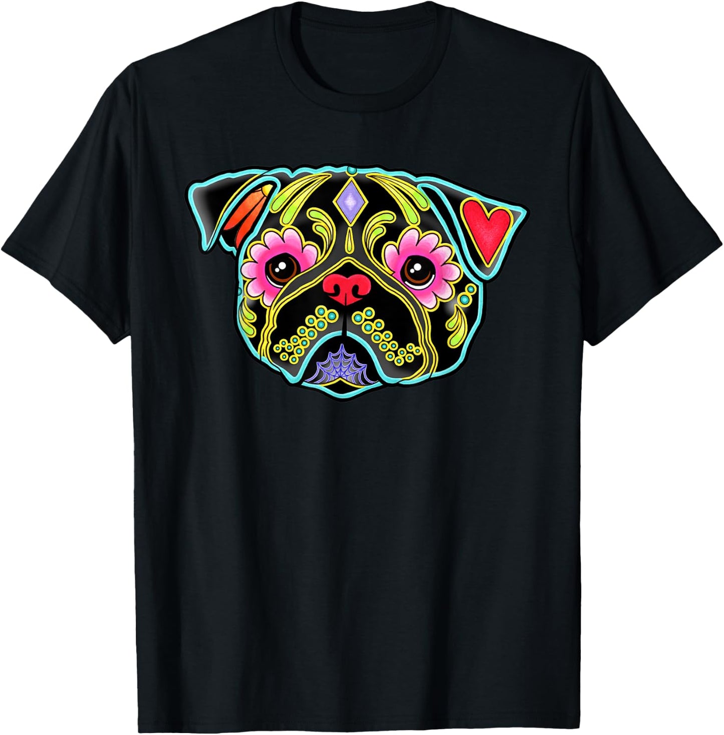Black Pug - Day of the Dead Sugar Skull Dog Men Women Kids T-Shirt - T-Shirt | Black