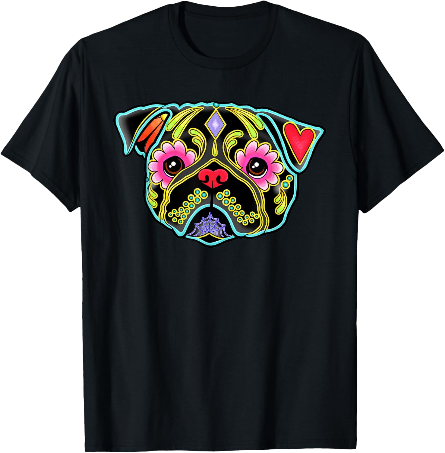 Black Pug - Day of the Dead Sugar Skull Dog Men Women Kids T-Shirt - T-Shirt | Black