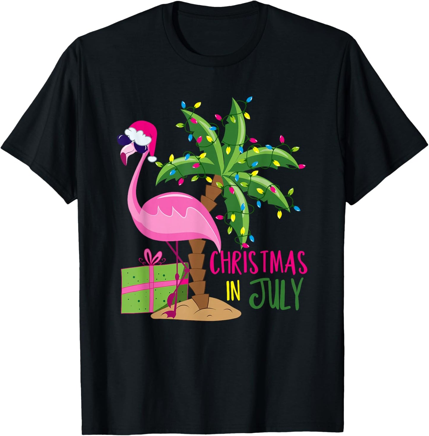 Flamingo Sunglasses Xmas Beach Tropical Christmas in July T-Shirt - T-Shirt | Black