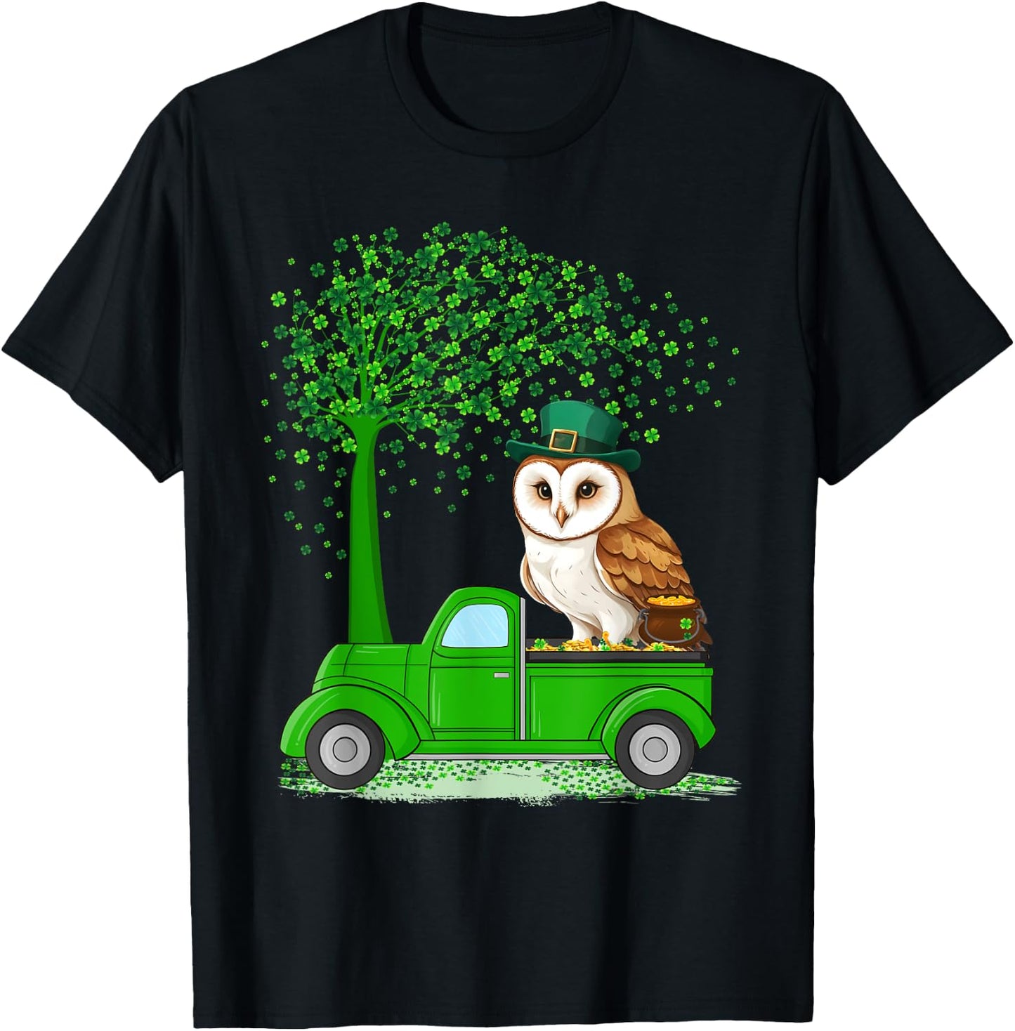 Irish Green Truck On Owl Bird St Patrick's Day Tree T-Shirt - T-Shirt | Black
