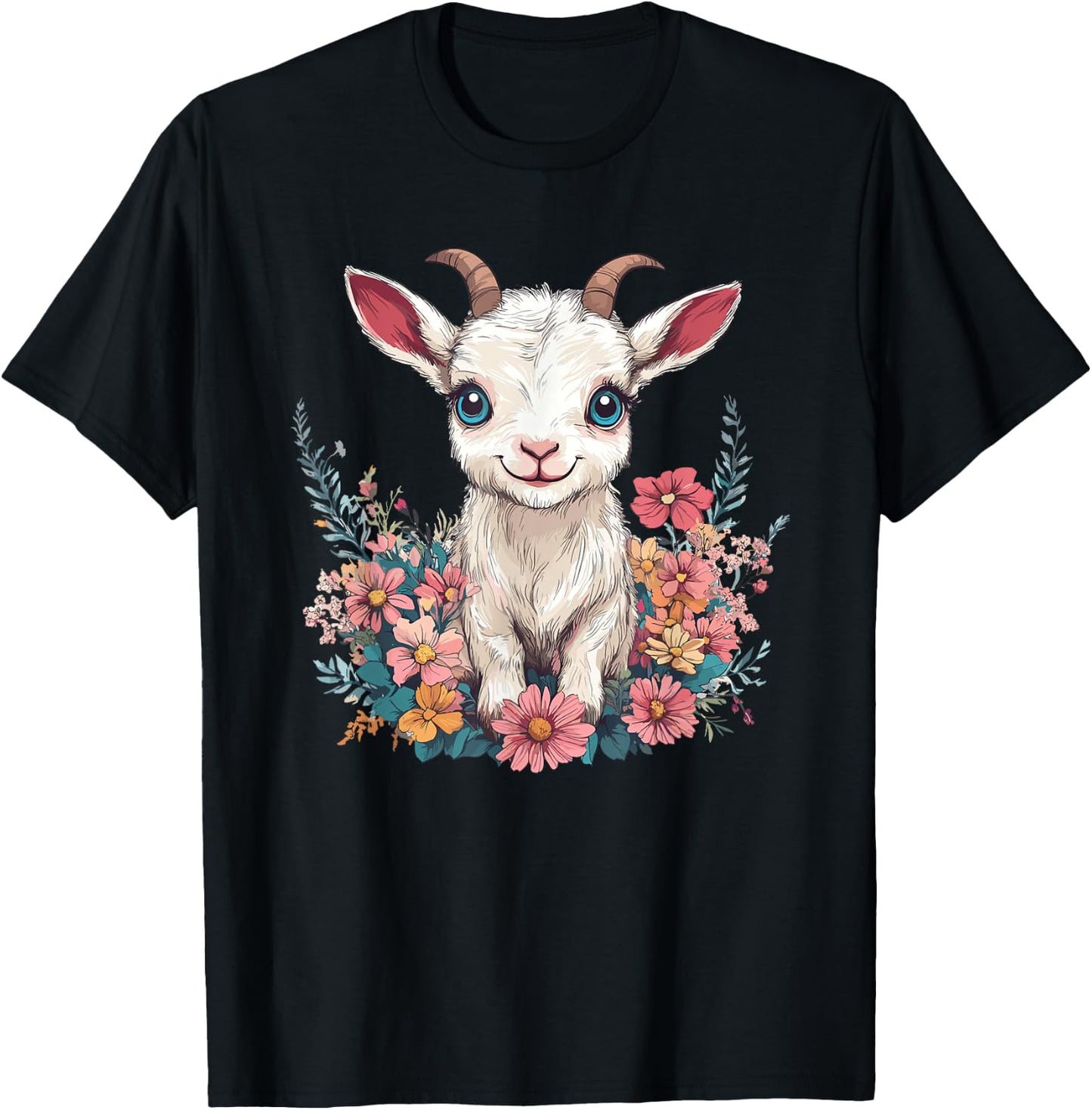 Adorable Baby Goat Surrounded By Flowers T-Shirt - T-Shirt | Black