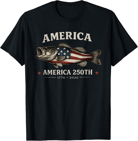 250 America Years 1776 2026 Fishing USA Flag 250th Birthday T-Shirt - T-Shirt | Black