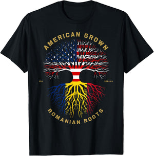 American Grown with Romanian Roots Tree USA Flag Gift T-Shirt - T-Shirt | Black