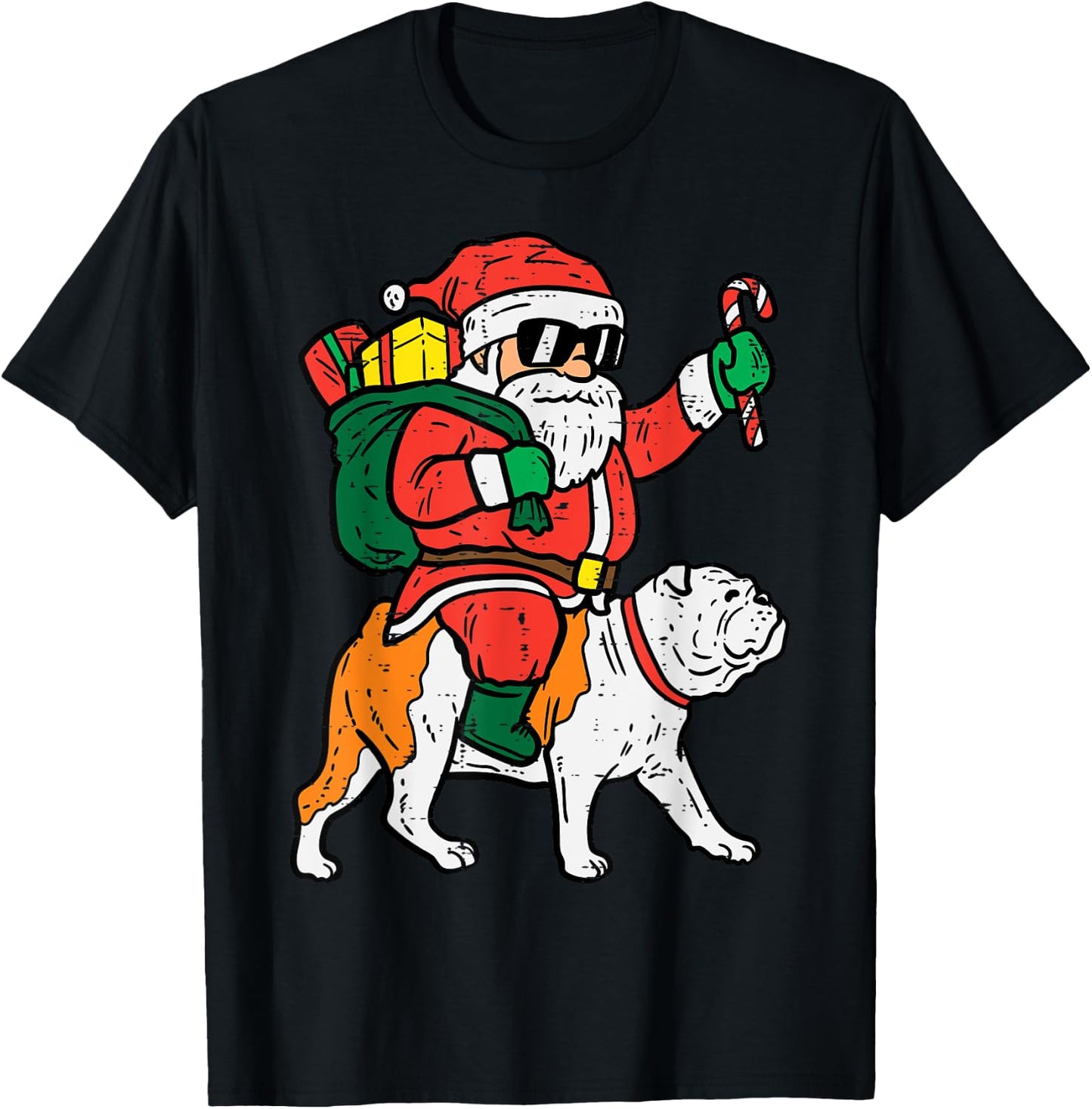 Santa Riding English Bulldog Christmas Xmas Women Kids T-Shirt - T-Shirt | Black