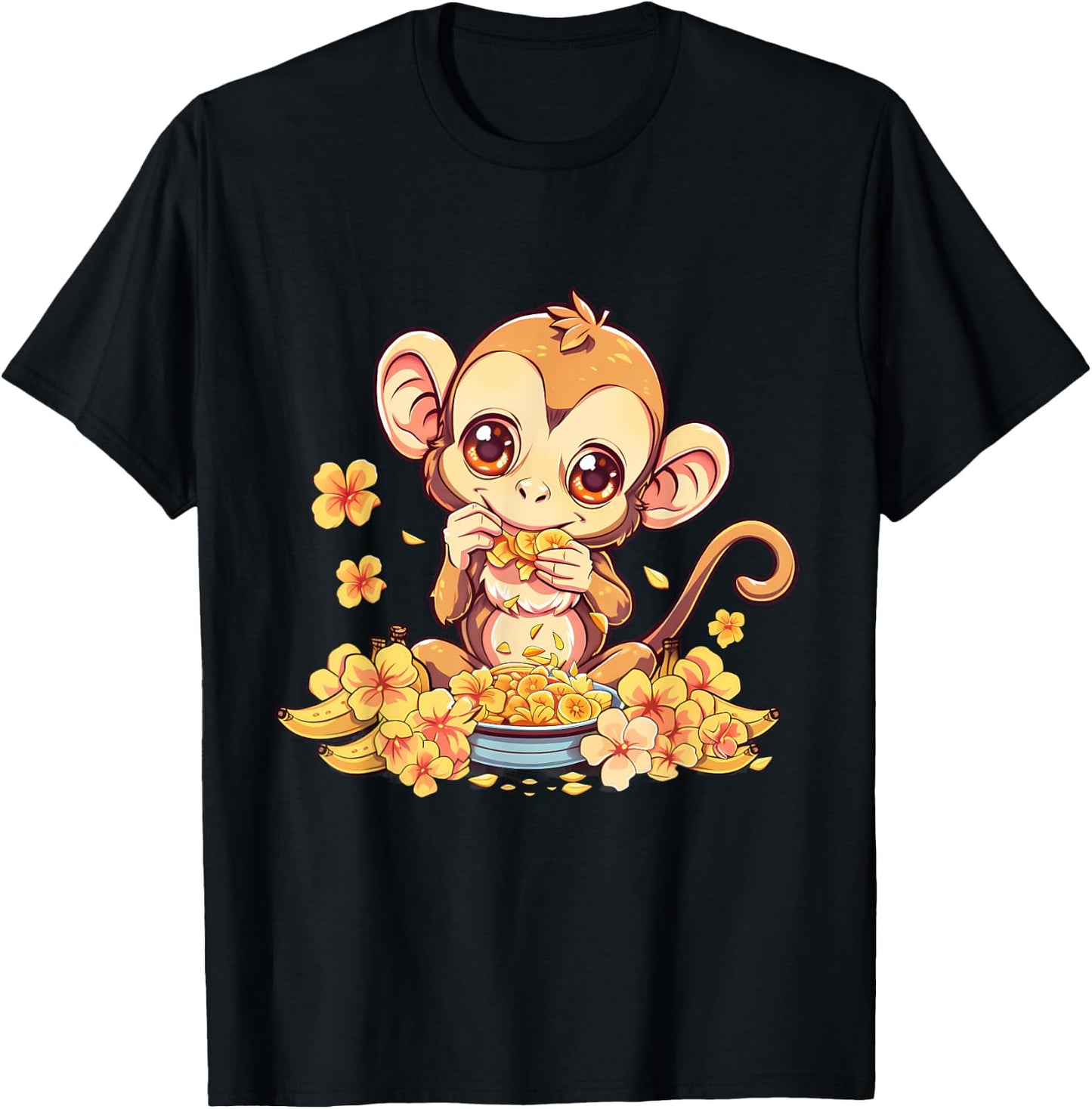 Banana Monkey Floral Bananas Fruit Artwork Cute Monkey T-Shirt - T-Shirt | Black