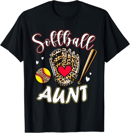 Softball Aunt Leopard Game Day Softball Cute Matching Family T-Shirt - T-Shirt | Black
