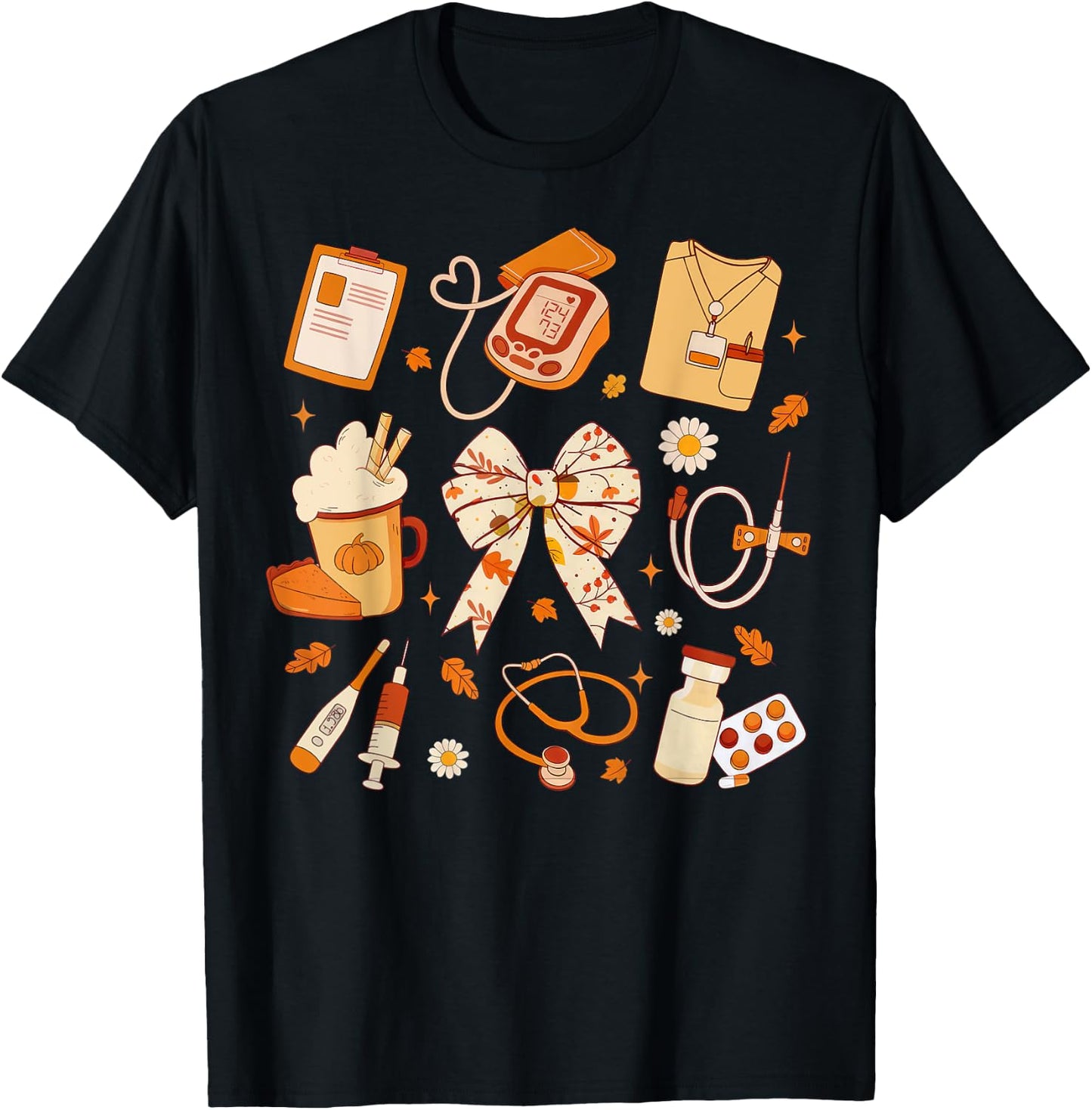 Thankful Nurse Fall Stethoscope Coquette Bow Thanksgiving T-Shirt - T-Shirt | Black