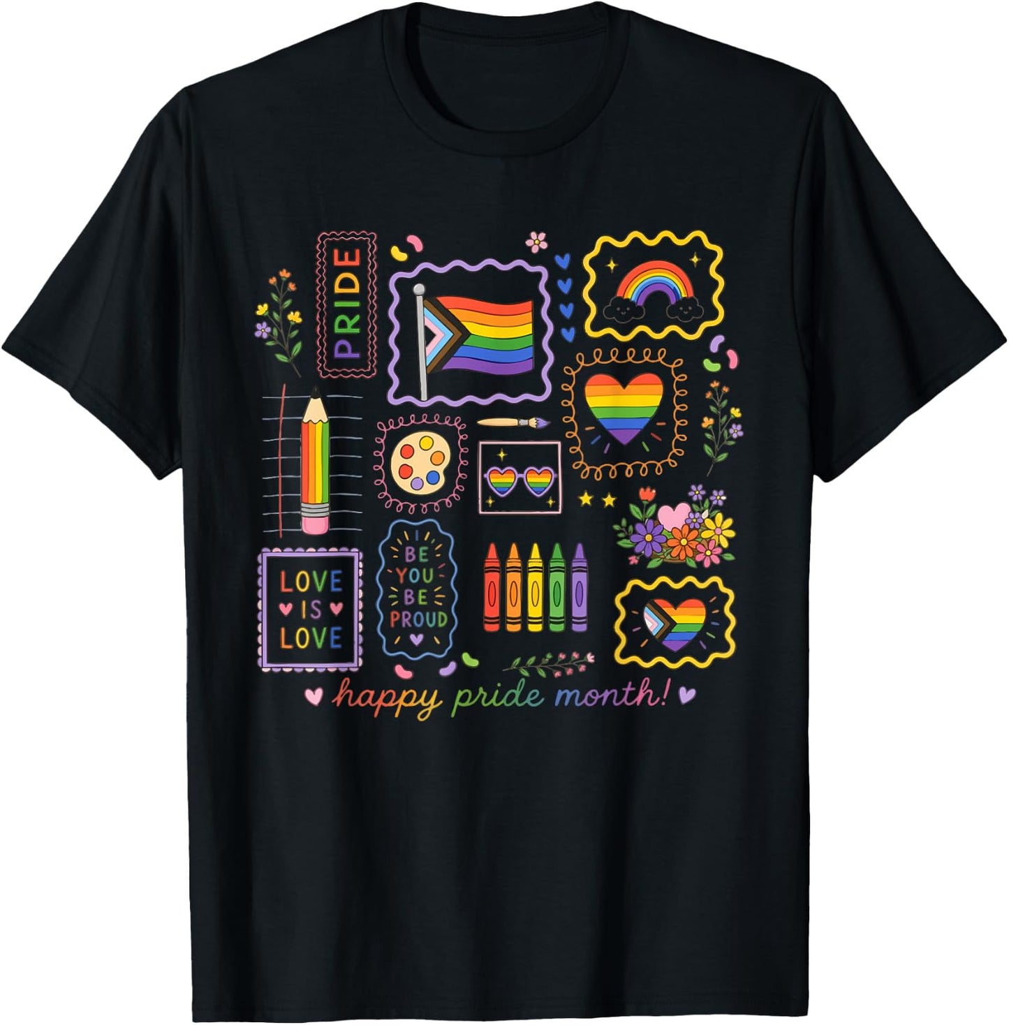 Rainbow Flag Happy Pride Month Gay Ally LGBTQ Love is Love T-Shirt - T-Shirt | Black