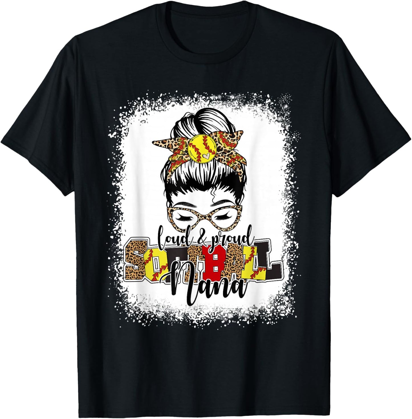Bleached Softball Nana Leopard Messy Bun Funny Mothers Day T-Shirt - T-Shirt | Black