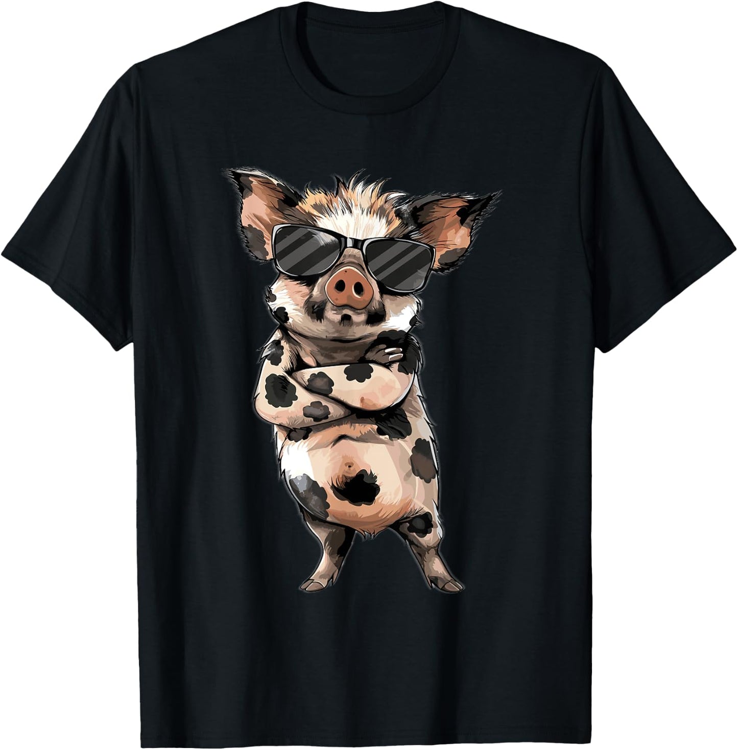 Kune Kune Pig Accessories & KuneKune Clothes -Adult Black Animal Print Design Short Sleeve Cotton Blend Classic Fit Small T-Shirt - T-Shirt | Black