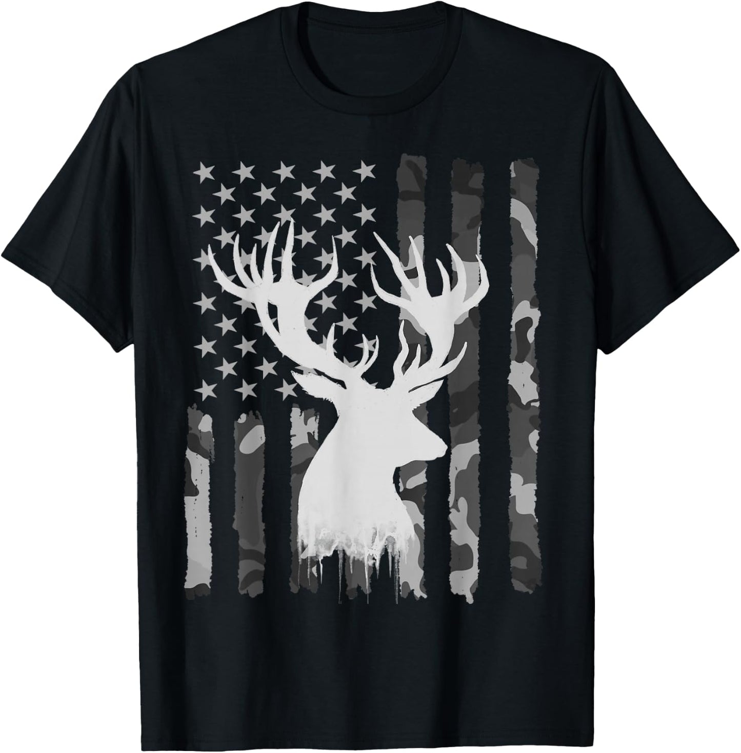 Funny Camouflage USA Flag Whitetail Buck Deer Hunting Lovers T-Shirt - T-Shirt | Black
