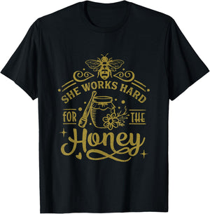 She Works Hard For The Honey Beekeeping Funny Bee Keeper T-Shirt - T-Shirt | Black