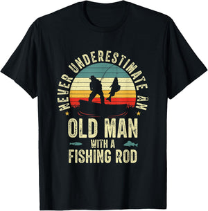 Never Underestimate An Old Man With A Fishing Rod Fisherman T-Shirt - T-Shirt | Black