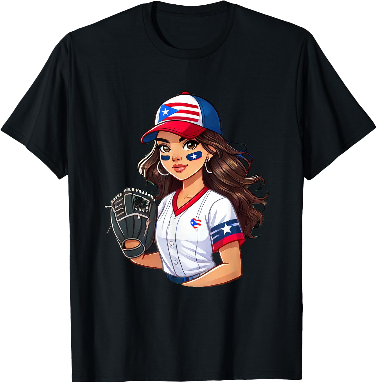 Puerto Rico Softball Baseball Boricua Flag Girl Cool T-Shirt - T-Shirt | Black