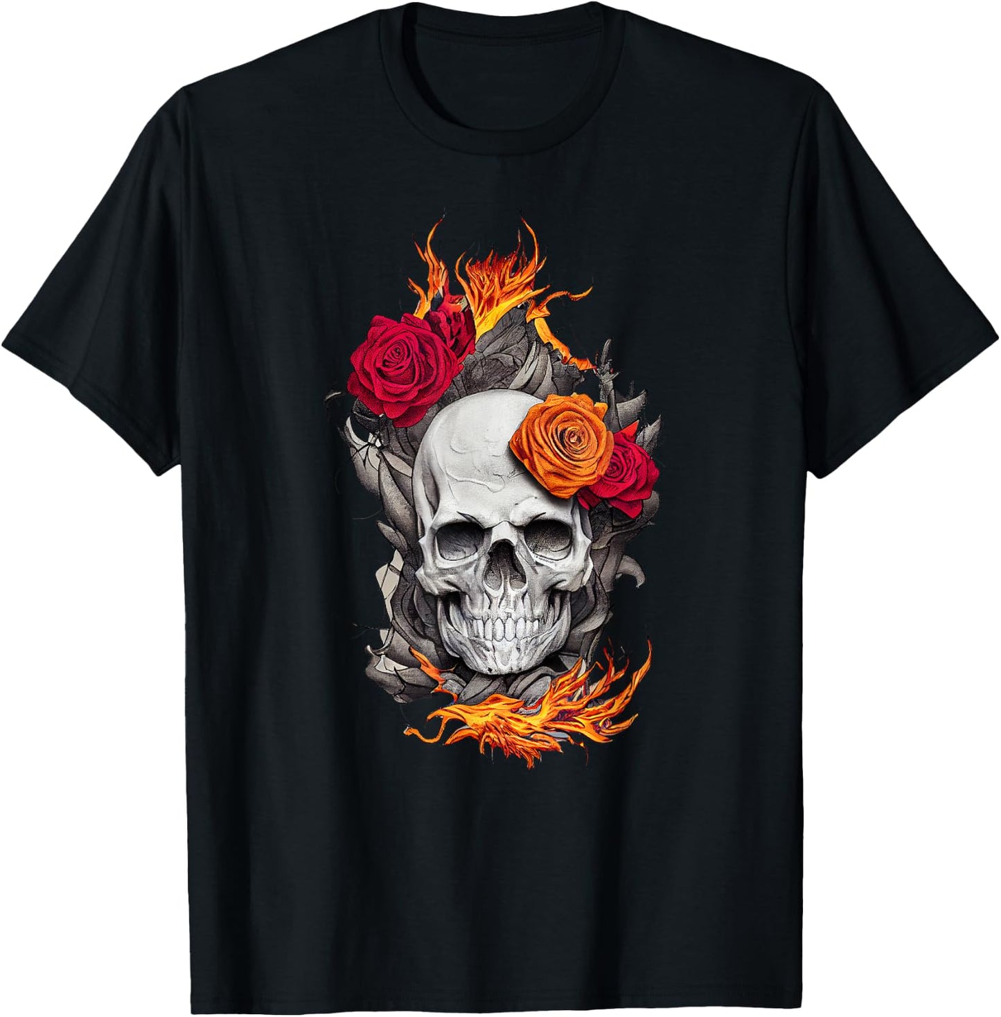 Flaming Skull and Roses T-Shirt - T-Shirt | Black