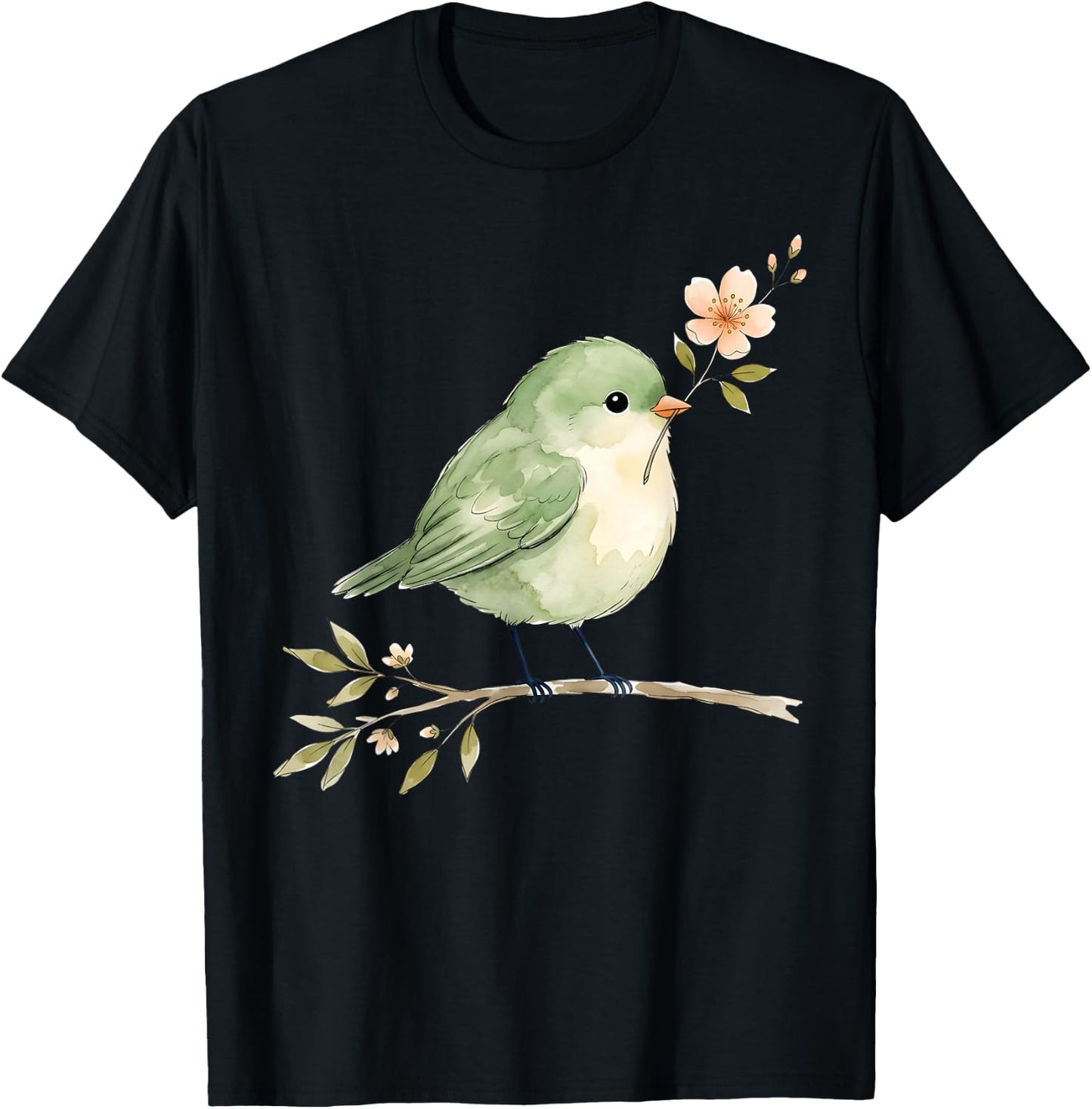 Cute Bird with Flower Vintage Nature Lover Spring Aesthetic T-Shirt - T-Shirt | Black