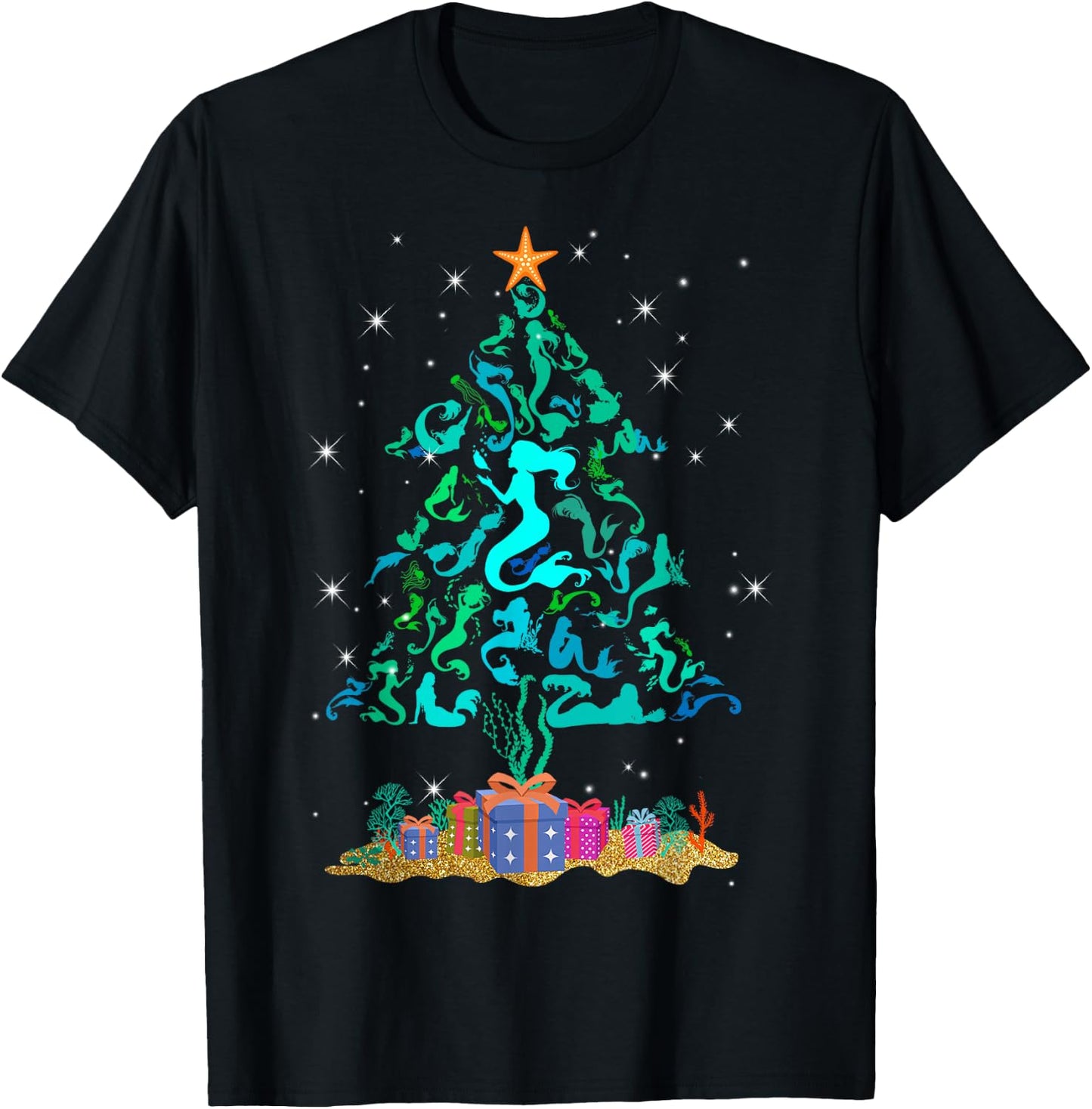 Retro Mermaid Christmas Tree Funny Mermaid Xmas T-Shirt - T-Shirt | Black