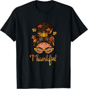 Thanksgiving Black Woman Bun Thankful Fall Women Girls Kids T-Shirt - T-Shirt | Black