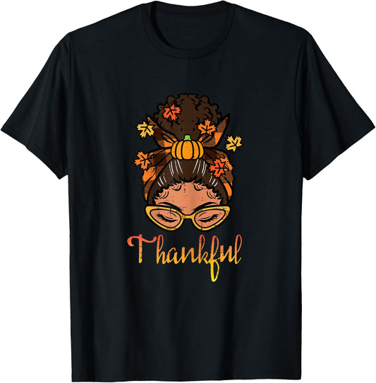 Thanksgiving Black Woman Bun Thankful Fall Women Girls Kids T-Shirt - T-Shirt | Black