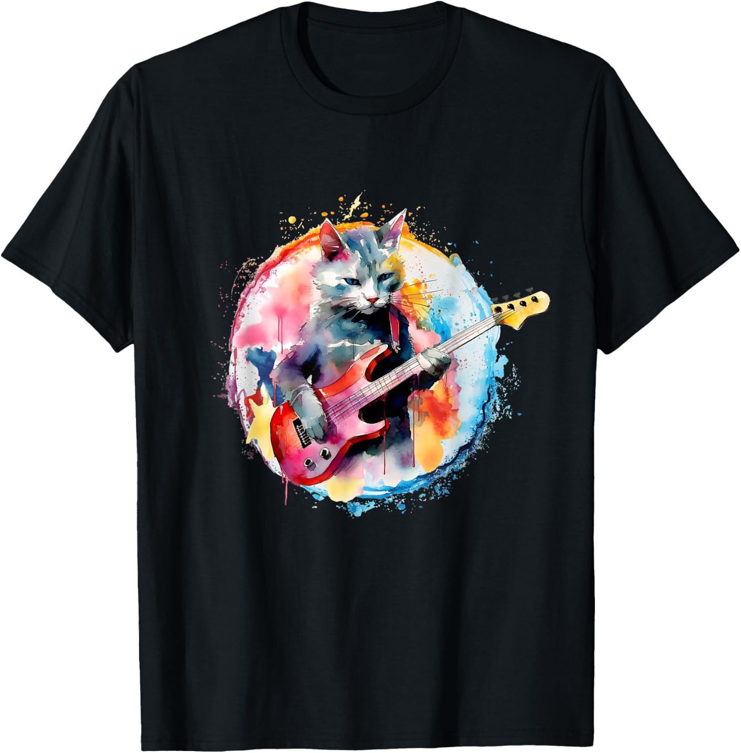 Cat Playing Bass Guitar Watercolor Graphic Design Women Girls Kids T-Shirt - T-Shirt | Black