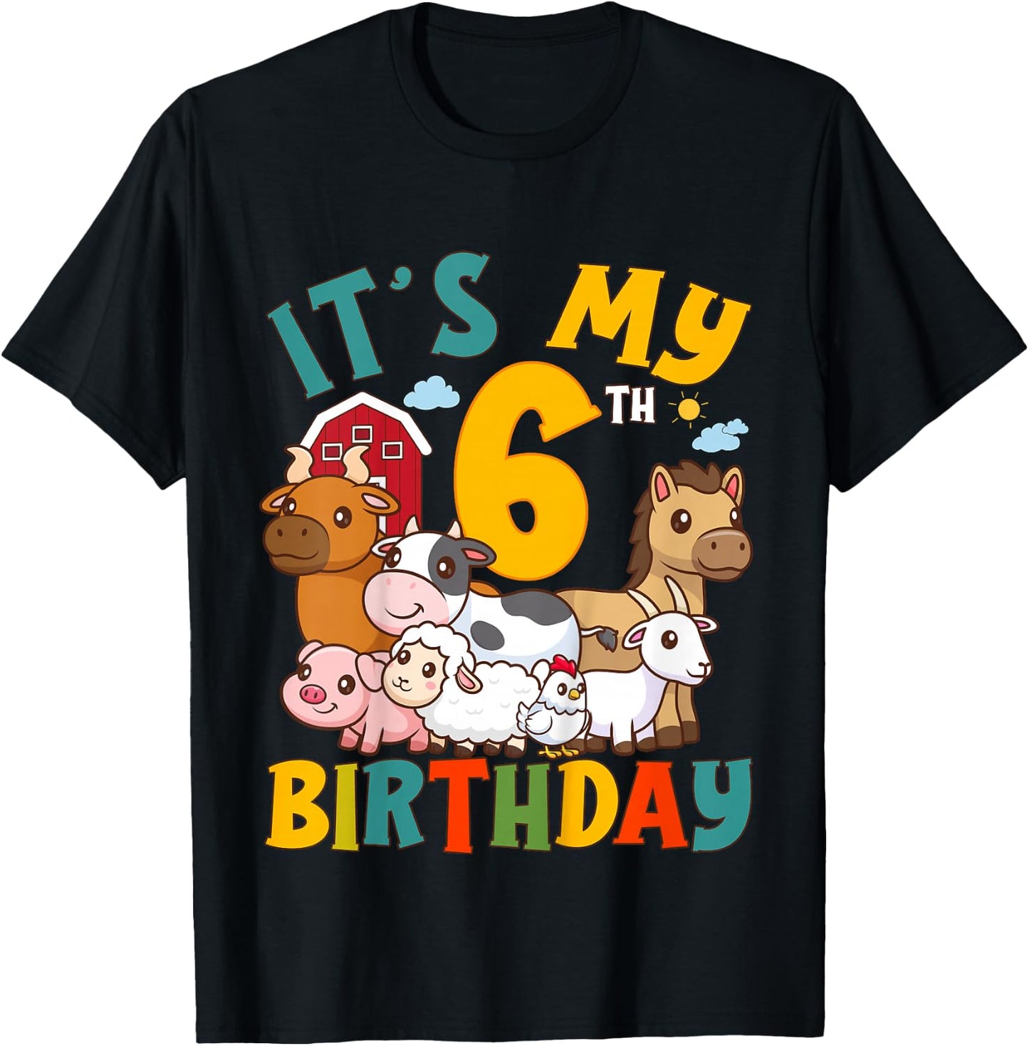 It's My 6th Birthday 6 Years Old Farm Animals Theme Kids T-Shirt - T-Shirt | Black
