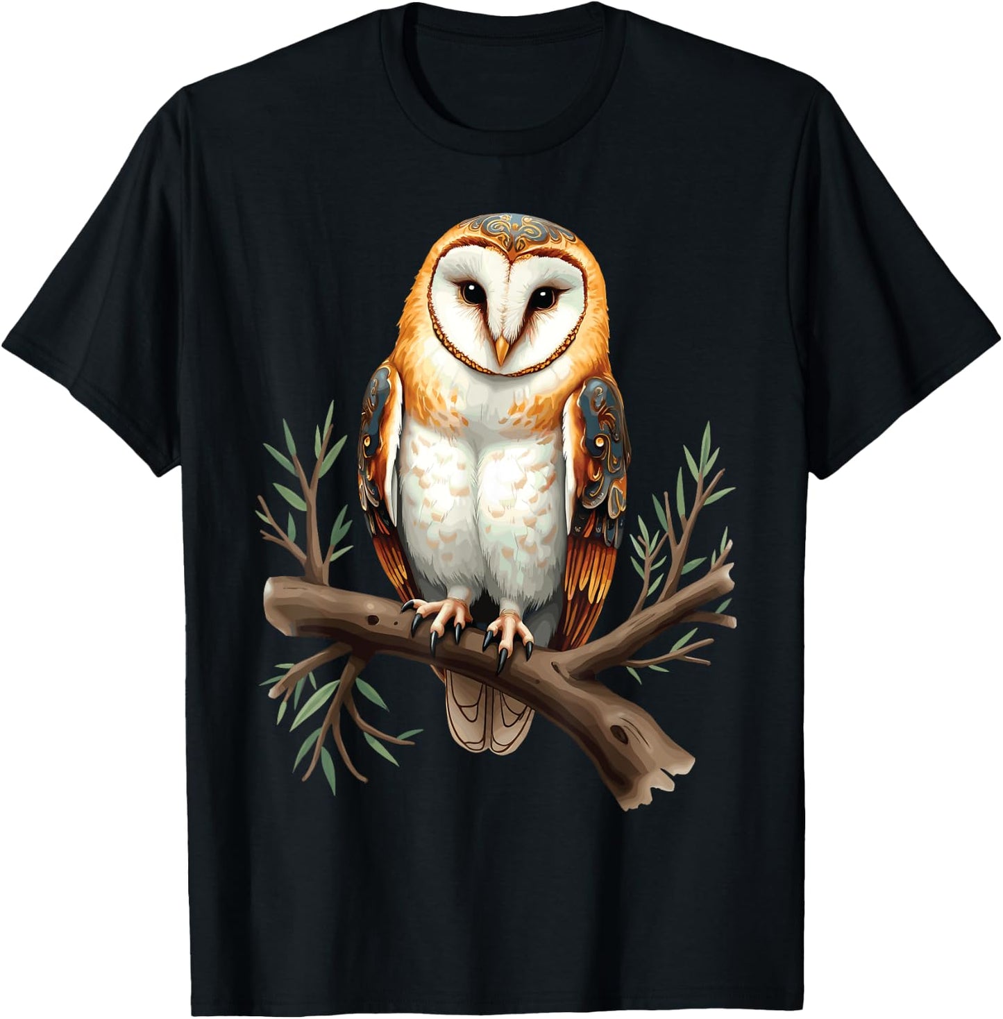 Perched Owl, Owl Illustration T-Shirt - T-Shirt | Black