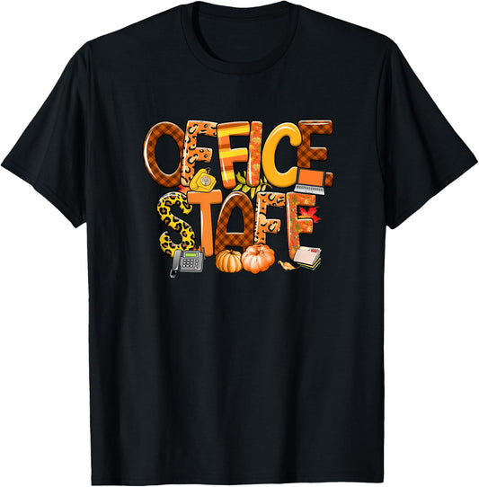 Office Staff Leopard Buffalo Plaid Pumpkin Fall Thanksgiving T-Shirt - T-Shirt | Black