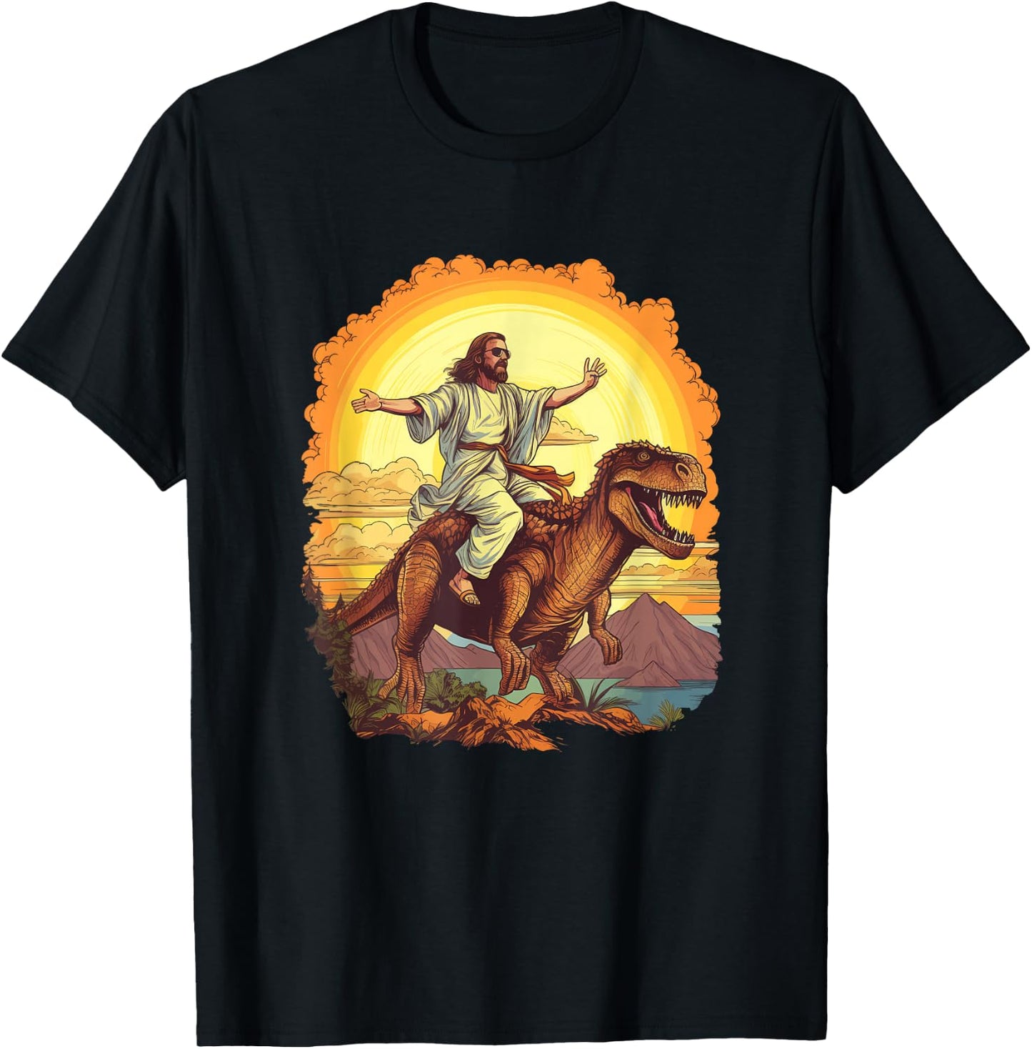 Lustiger Jesus reitender T-Rex Dinosaurier Meme Parodie für Gläubige T-Shirt - T-Shirt | Black