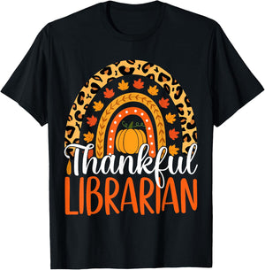 Thankful Librarian Rainbow Fall Librarian Thanksgiving T-Shirt - T-Shirt | Black