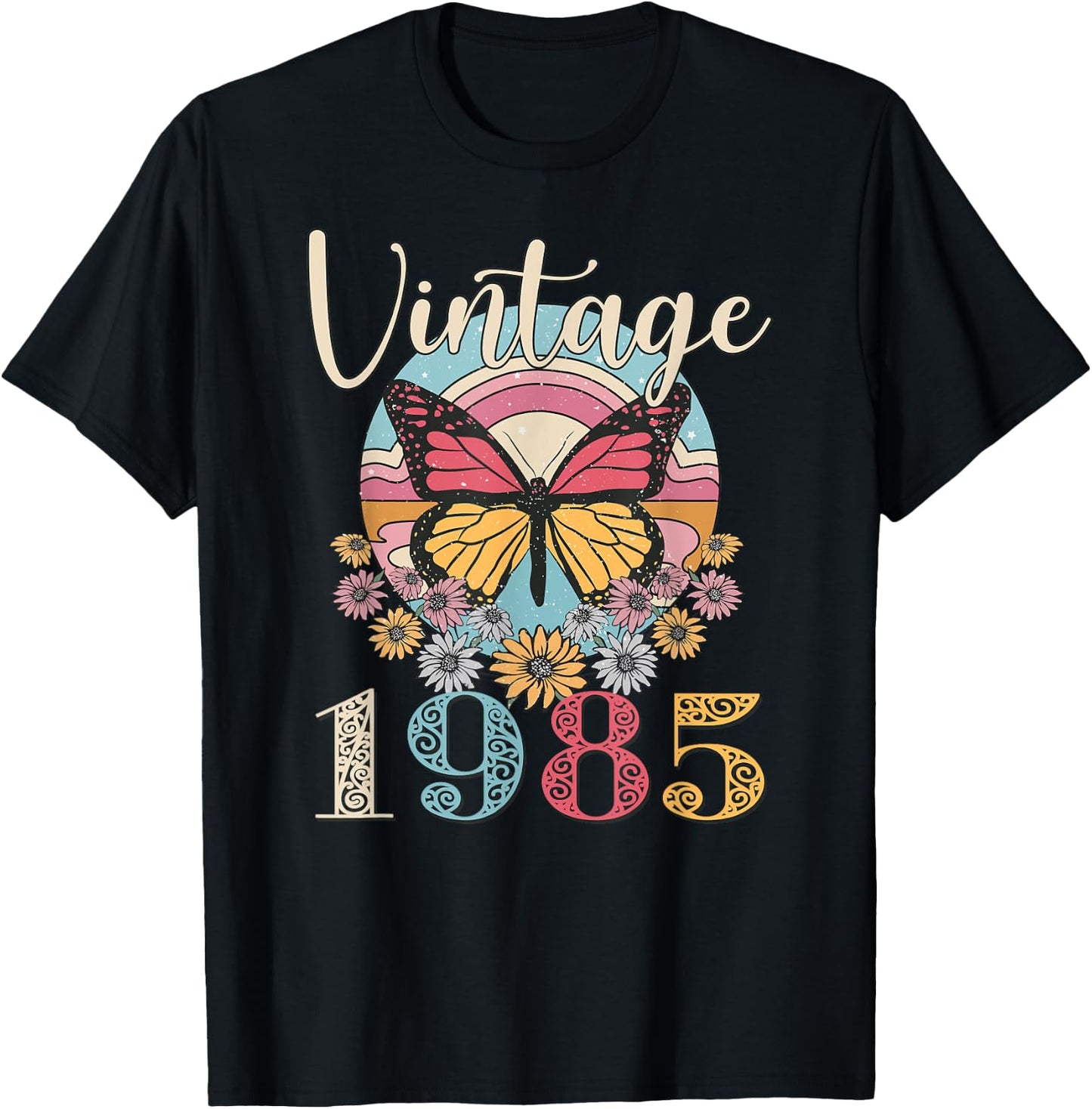 Vintage 37th 1985 Butterfly Floral Birthday Women Mom Gifts T-Shirt - T-Shirt | Black