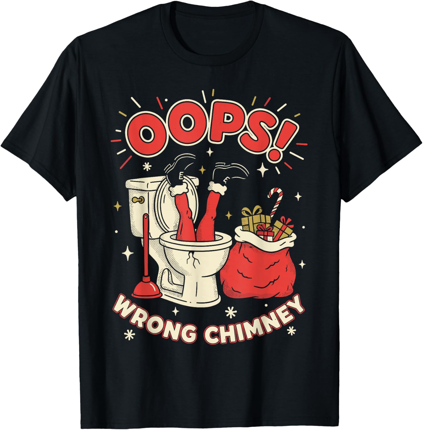 Oops Wrong Chimney Rude Santa Humor Funny Christmas Graphic T-Shirt - T-Shirt | Black