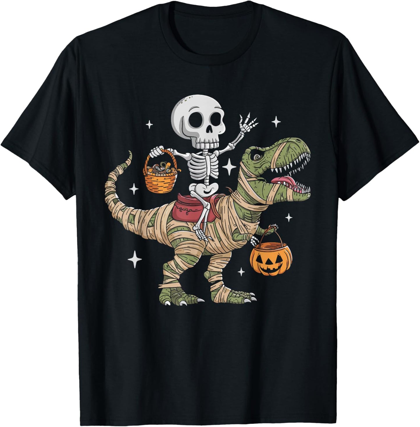 Skeleton Riding Mummy Dinosaur T Rex Pumpkin Happy Halloween T-Shirt - T-Shirt | Black