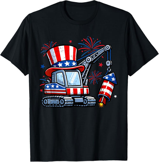 Crane Truck Firecrackers 4th of July Patriotic Boys Toddler T-Shirt - T-Shirt | Black