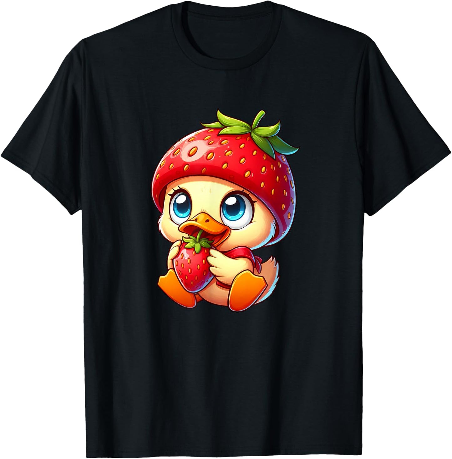 Cute Cartoon Duck Strawberry Fruit Whimsical T-Shirt - T-Shirt | Black