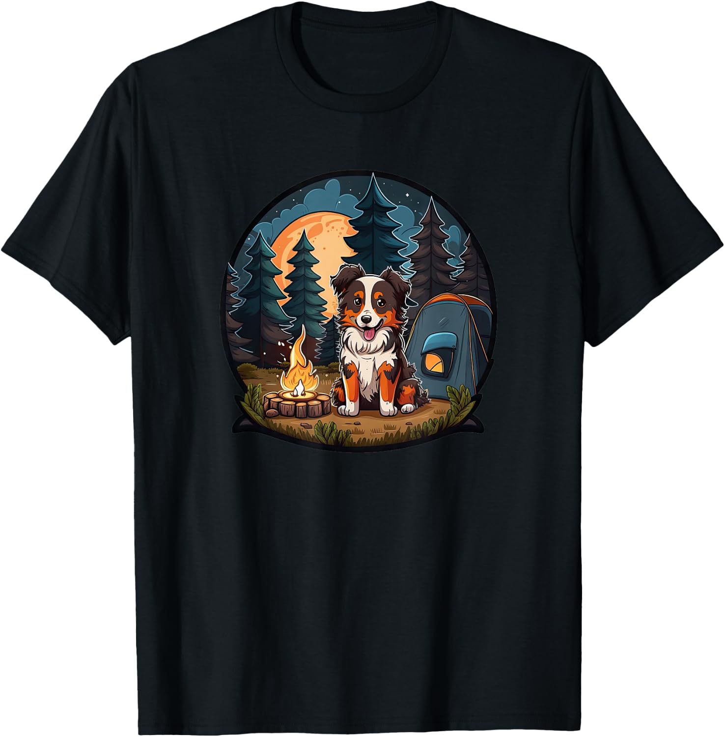 Cute Aussie Dog Camping in the Forest: Australian Shepherd T-Shirt - T-Shirt | Black