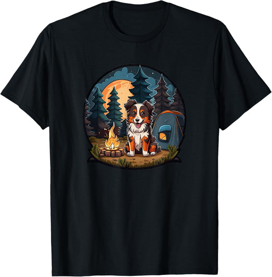 Cute Aussie Dog Camping in the Forest: Australian Shepherd T-Shirt - T-Shirt | Black
