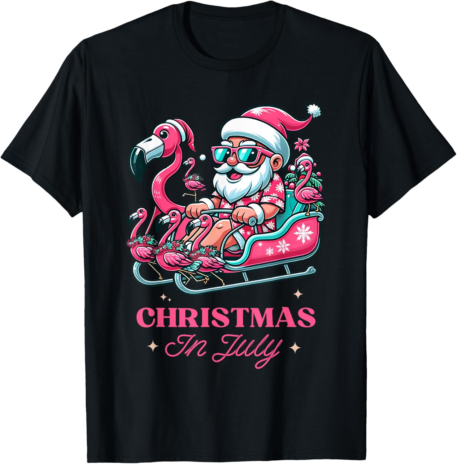 Funny Christmas in July Summer Santa Flamingo Sleigh Xmas T-Shirt - T-Shirt | Black
