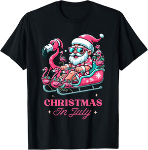 Funny Christmas in July Summer Santa Flamingo Sleigh Xmas T-Shirt - T-Shirt | Black
