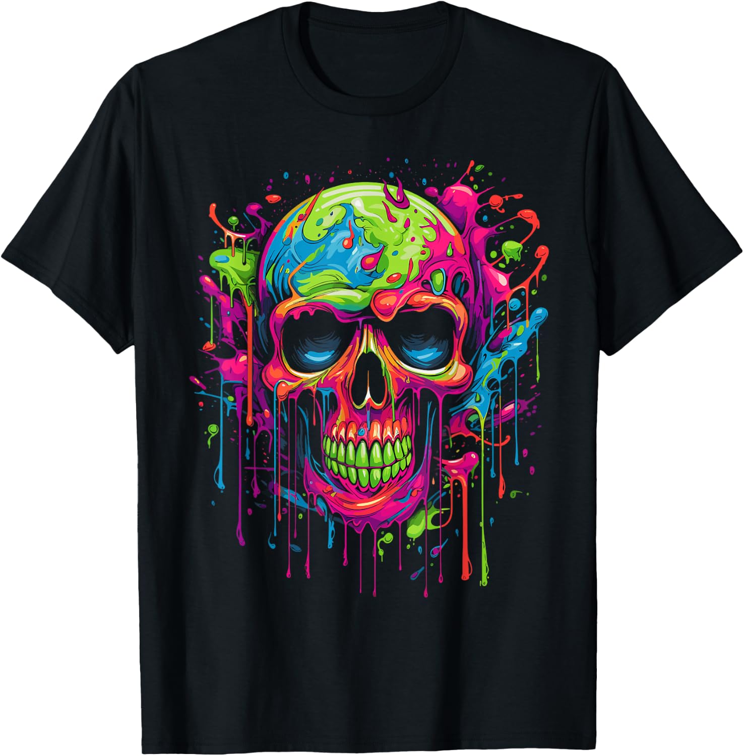 Skull Invader Colourful Skull Paint Splash Trippy Skeleton v1 , black T-Shirt - T-Shirt | Black