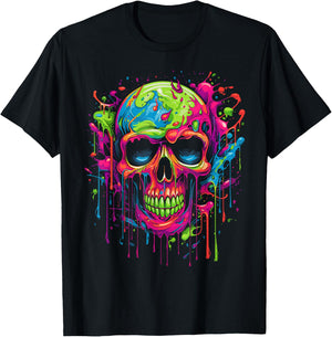 Skull Invader Colourful Skull Paint Splash Trippy Skeleton v1 , black T-Shirt - T-Shirt | Black