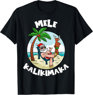 Mele Kalikimaka Hawaii Christmas Surfing Santa Xmas Summer T-Shirt - T-Shirt | Black