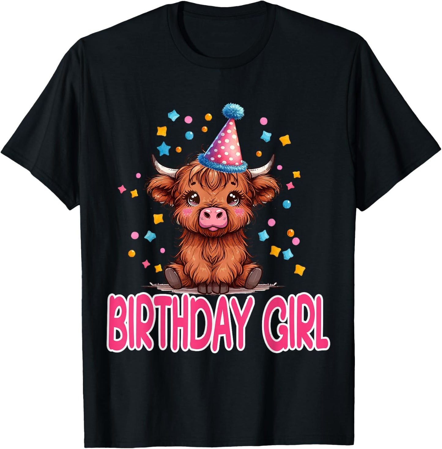 Cow Birthday Cute Fluffy Cow Birthday Girl Hat Confetti T-Shirt - T-Shirt | Black