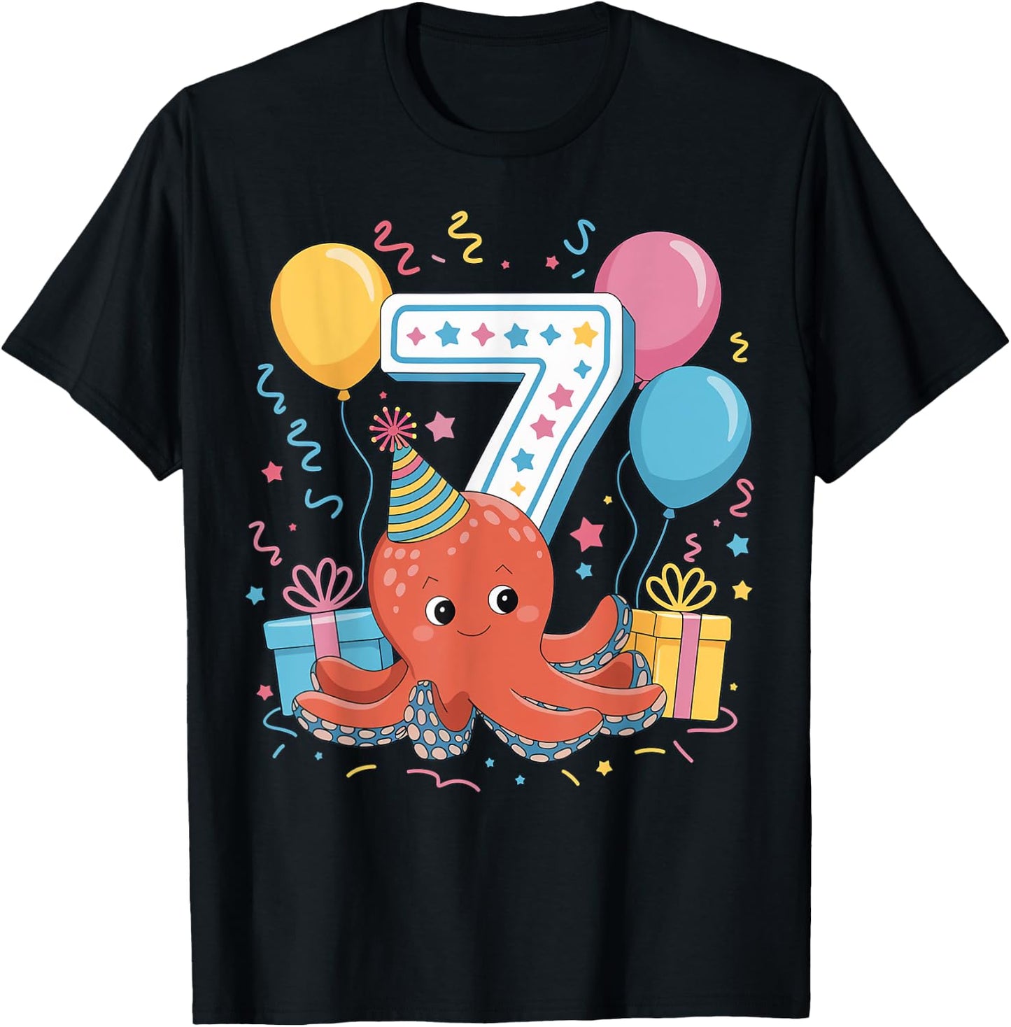 Octopus 7th birthday boy girl 7 years old seventh Octopus T-Shirt - T-Shirt | Black