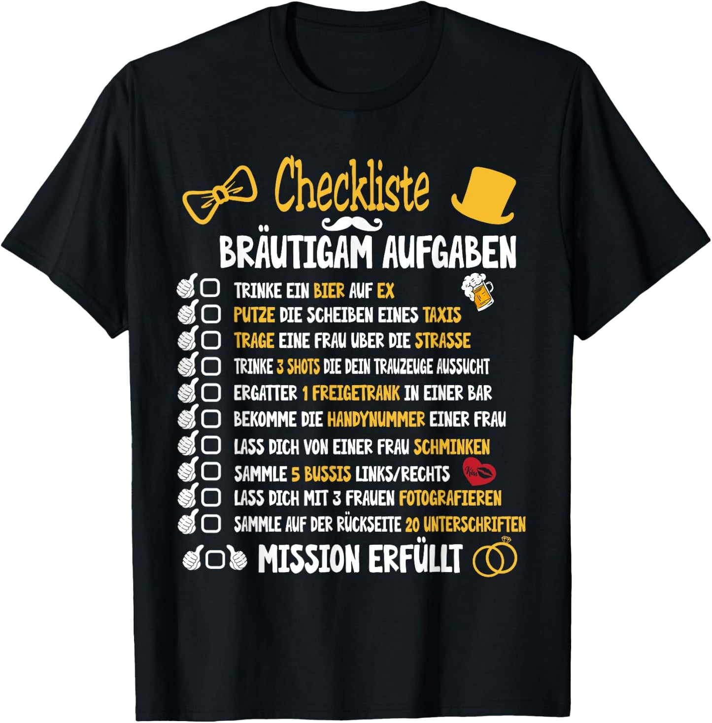 Junggesellenabschied Mann Kostüm & Polter Shirts Groom Tasks Rumbling JGA Checklist Black Small Short Sleeve Classic Fit T-Shirt - T-Shirt | Black