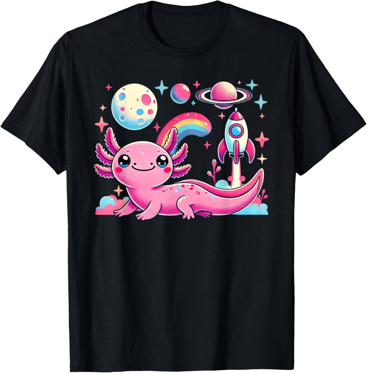 Kawaii Anime Astronaut Axolotl Lover Planets Space Kids T-Shirt - T-Shirt | Black