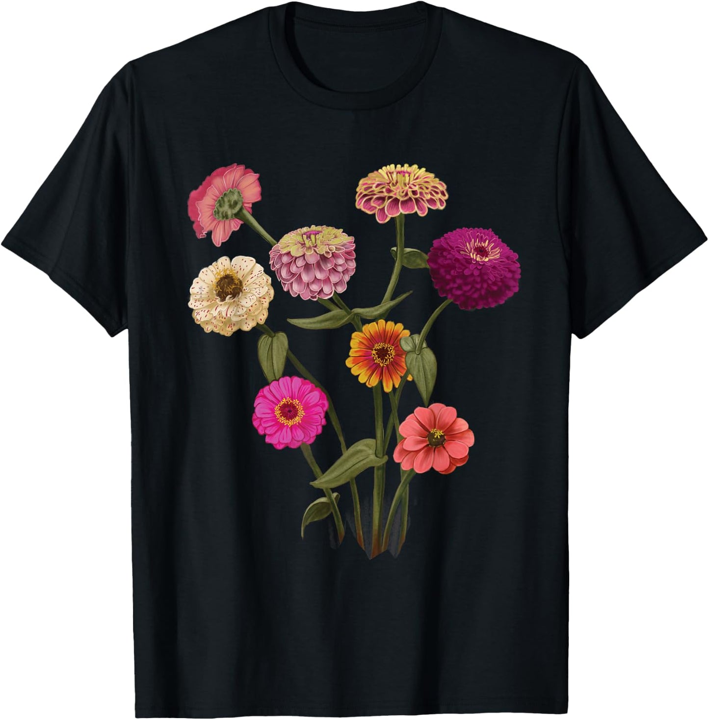 Happy Zinnia Wildflowers, Handpainted Style Graphic T-Shirt - T-Shirt | Black